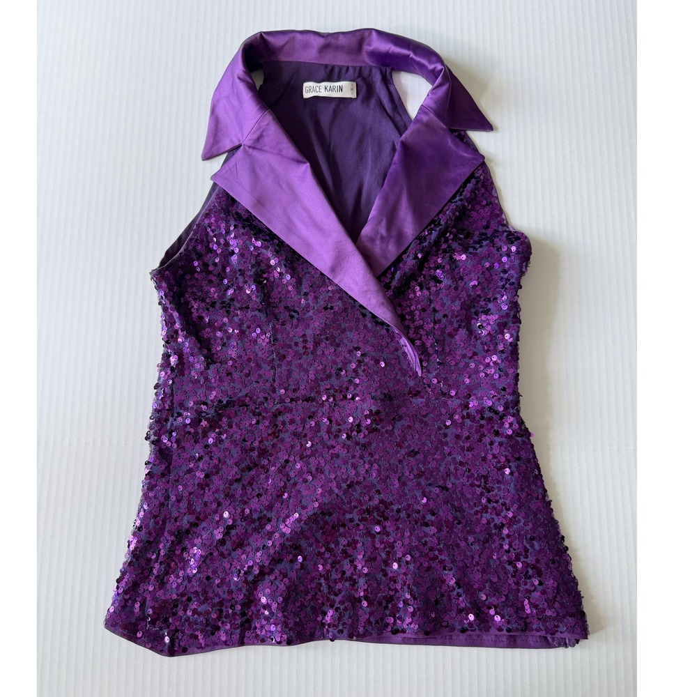 Grace Karin Purple Sequin Top Women S Sleeveless Halter Satin Lapel Party Blouse